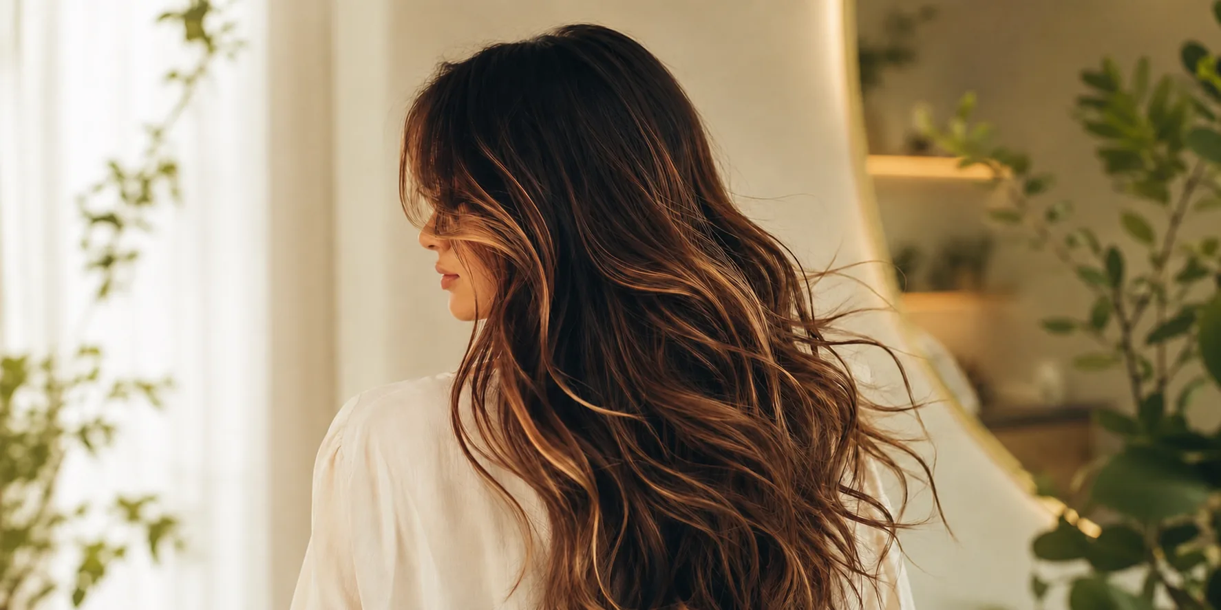 Aura by Sameena Hair Studio model with long highlighted hair, face and shoulders covered